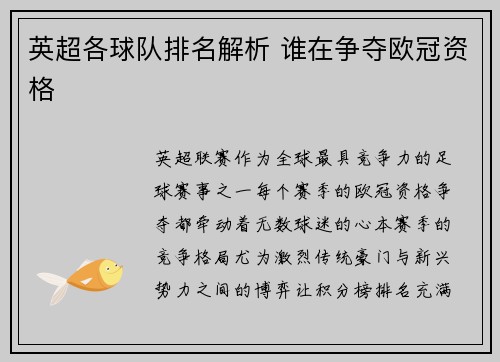 英超各球队排名解析 谁在争夺欧冠资格